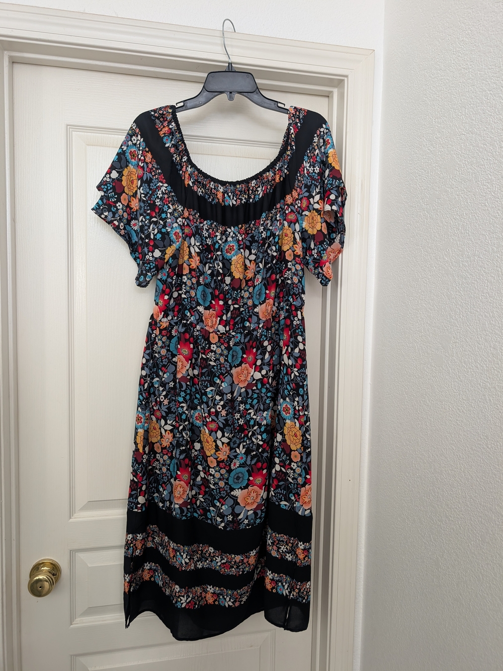 LOFT Black Midi Dress with Teal, Orange & Coral Floral Print